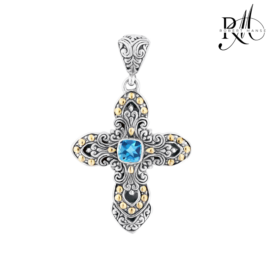 Bali RoManse Gemstone & Two-Tone Scrollwork Cross Pendant