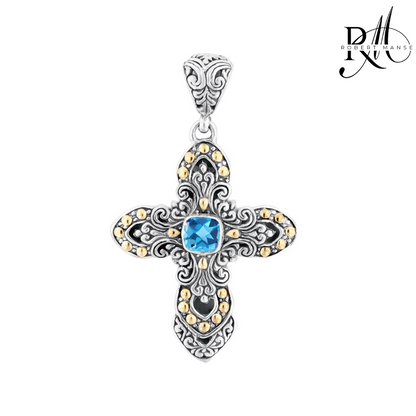 Bali RoManse Gemstone & Two-Tone Scrollwork Cross Pendant