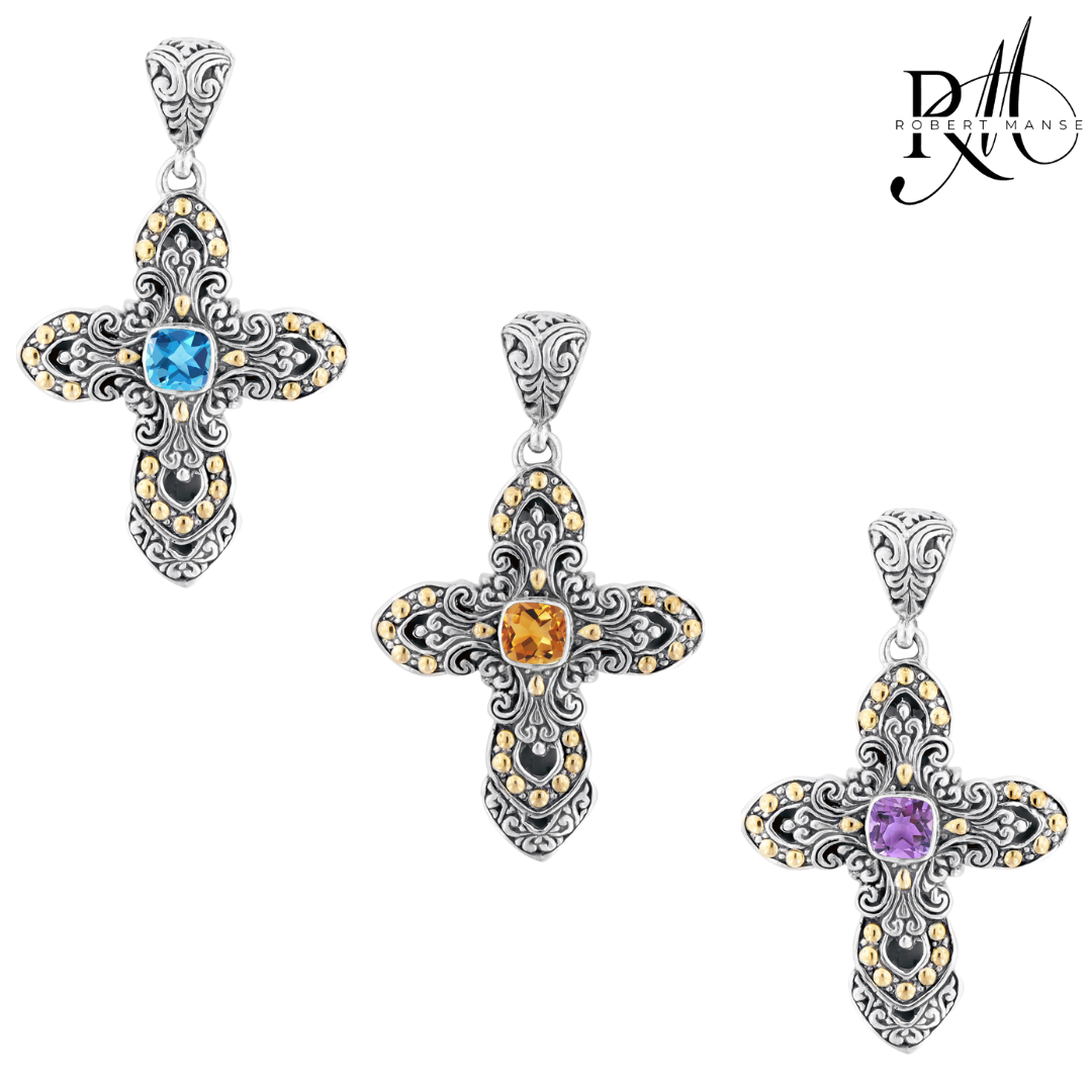 Bali RoManse Gemstone & Two-Tone Scrollwork Cross Pendant