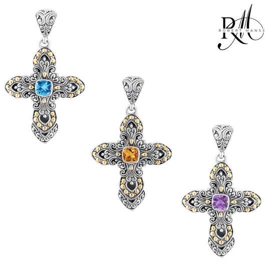 Bali RoManse Gemstone & Two-Tone Scrollwork Cross Pendant