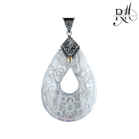 Bali RoManse Carved White Mother of Pearl Sterling Silver Pendant
