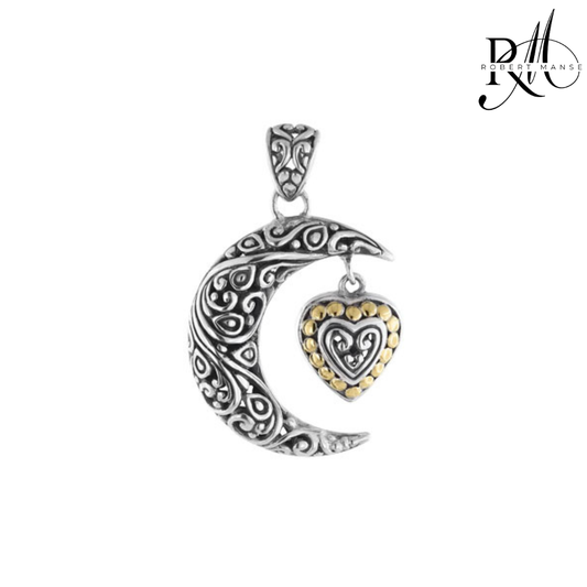 Bali RoManse Crescent Moon & Heart Two-Tone Scrollwork Pendant