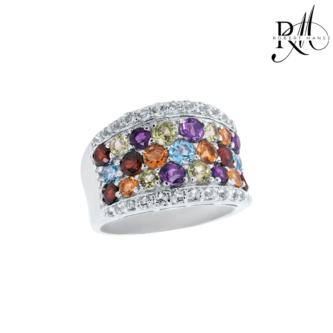 Gem RoManse Multi-color Rhodium Plated Sterling Silver Cigar Band Ring