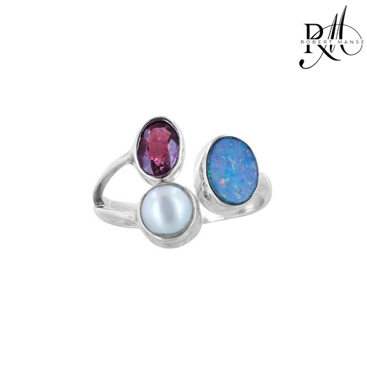 Bali RoManse Lab Opal & Tourmaline Sterling Silver Ring