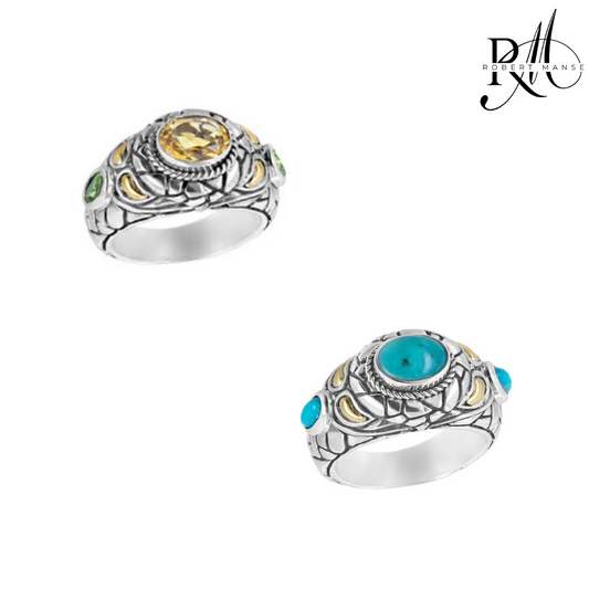 Bali RoManse Sterling Silver Gemstone Cobblestone Ring with 18K Gold Accents