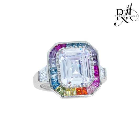 CZ RoManse Emerald Cut Rhodium Plated Sterling Silver Ring