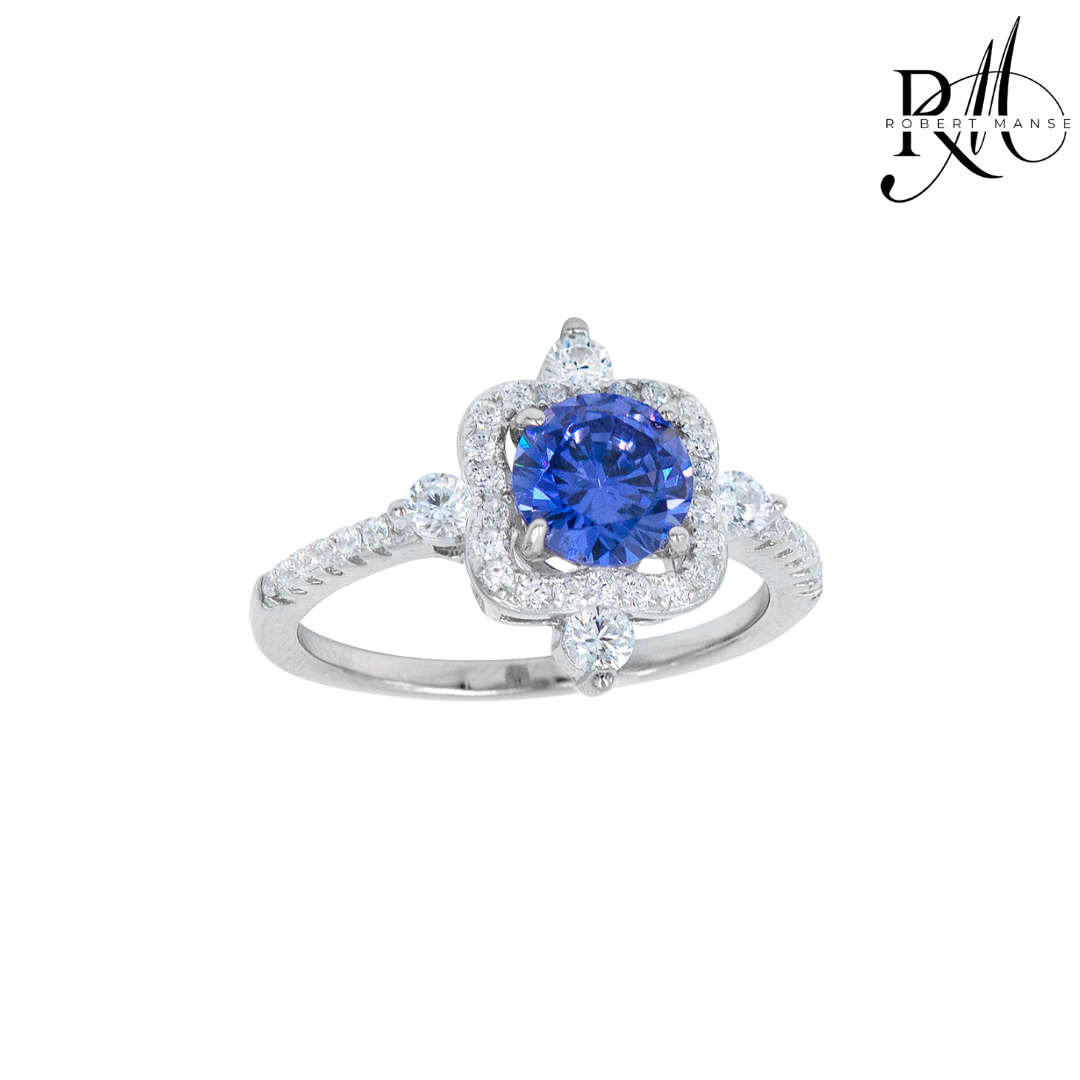 CZ RoManse Tanzanite CZ & Rhodium Plated Sterling Silver Halo Ring