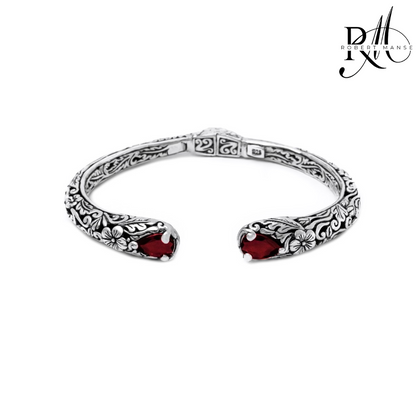 Bali RoManse Garnet Floral Sterling Silver Hinged Cuff Bracelet