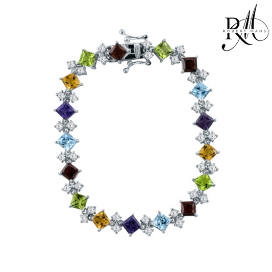 Multicolored gemstone bracelet with diamond accents on a white background, featuring the brand 'Renee' in the corner.