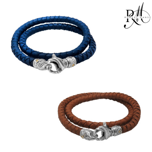 BroManse Leather Wrap Bracelet with Sterling Silver Lobster Clasp & 18K Gold Accents