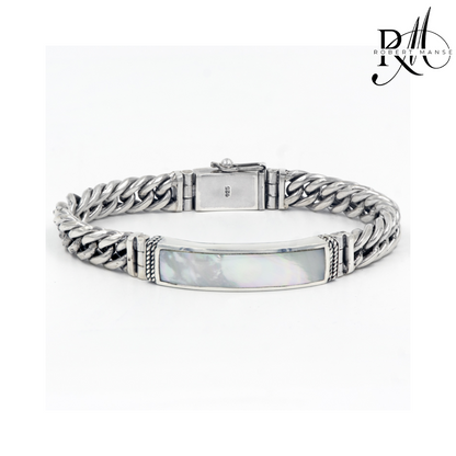 BroManse Shell & Sterling Silver Curb Chain Link 8.5" Bracelet