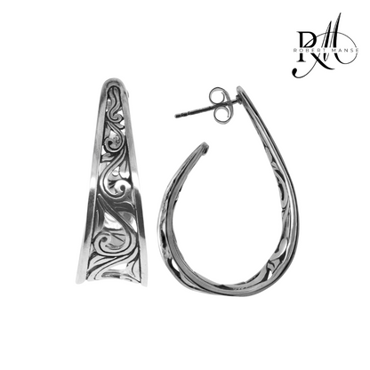 Bali RoManse Sterling Silver Scroll Work Tapered Hoop Earring