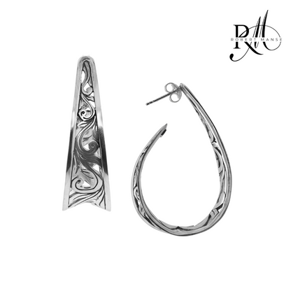 Bali RoManse Sterling Silver Scroll Work Tapered Hoop Earring