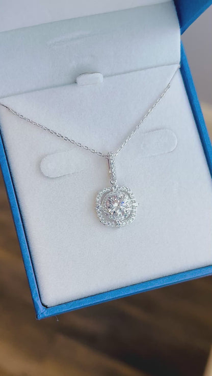 CZ RoManse Tanzanite CZ Square Halo Rhodium Plated Sterling Silver Necklace