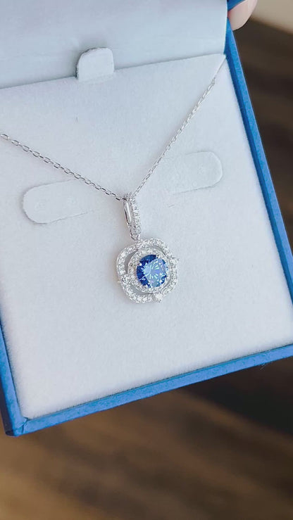 CZ RoManse Tanzanite CZ Square Halo Rhodium Plated Sterling Silver Necklace