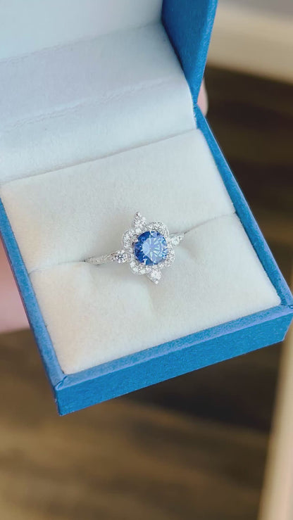 CZ RoManse Tanzanite CZ & Rhodium Plated Sterling Silver Halo Ring