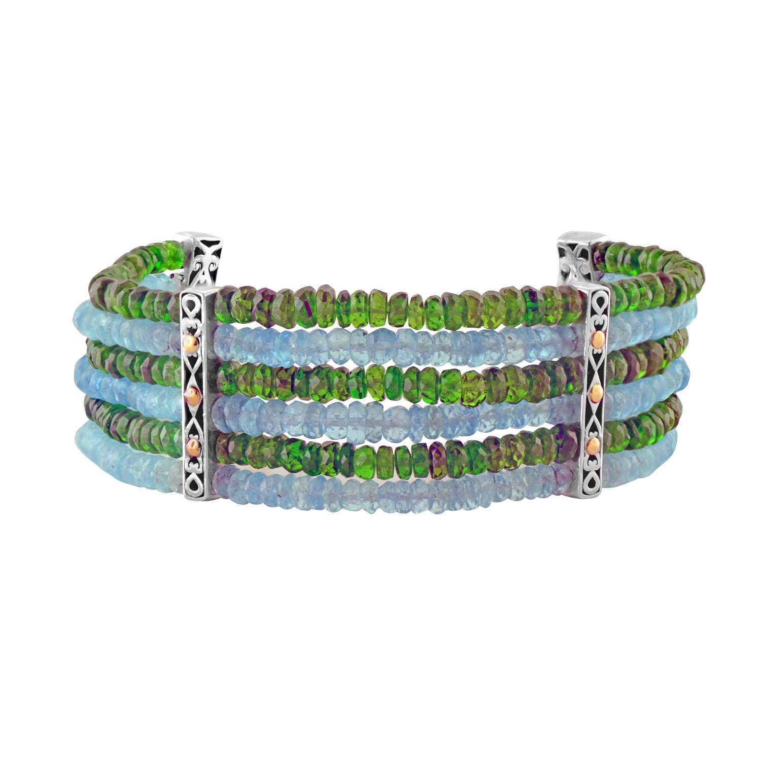 Six Strand Beaded Bracelet Chrome Diopside and Neon Apatite Silver Gold