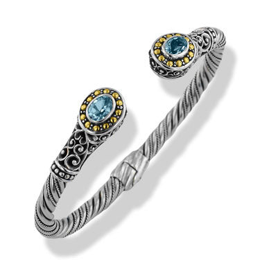 Sterling Silver Gold Aquamarine Gemstone Bali Hinged Cuff Bracelet 