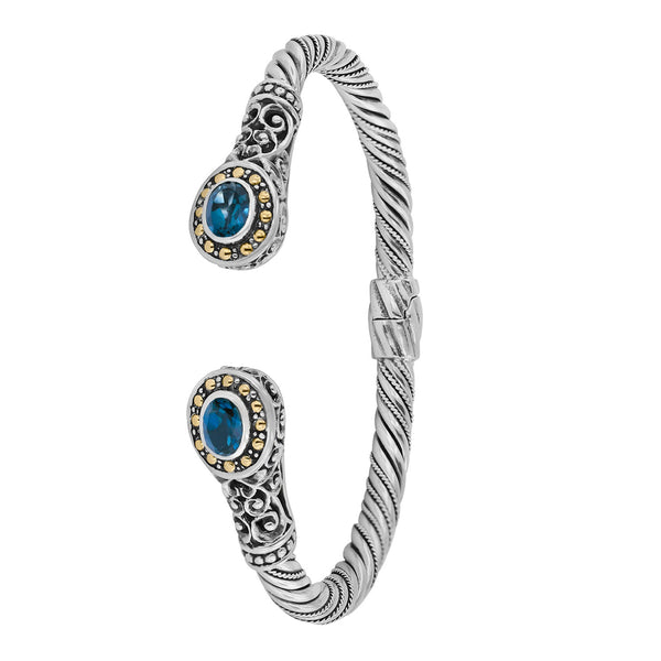 “Berjalin” Sterling Silver Gemstone Bali Cuff Bracelet with 18K Gold Accents in Petite Size