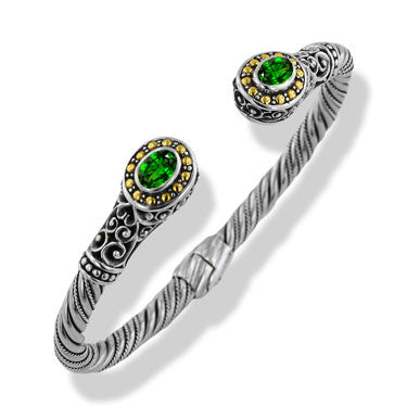 Sterling Silver Gold Chrome Diopside Green Gemstone Bali Hinged Cuff Bracelet 
