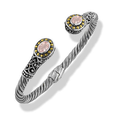 Sterling Silver Gold Morganite Pink Gemstone Bali Hinged Cuff Bracelet 