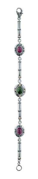 Bali Sterling Silver Pink and Green Tourmaline and Diamond Bamboo Link Bracelet with 18K Gold Accents