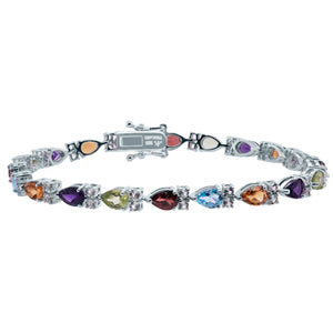 Multi Color Pear Shaped Gemstone Silver Bracelet with White Topaz Accents