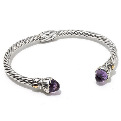 Amethyst Tulip Silver Gold Cable Hinged Cuff Bracelet 