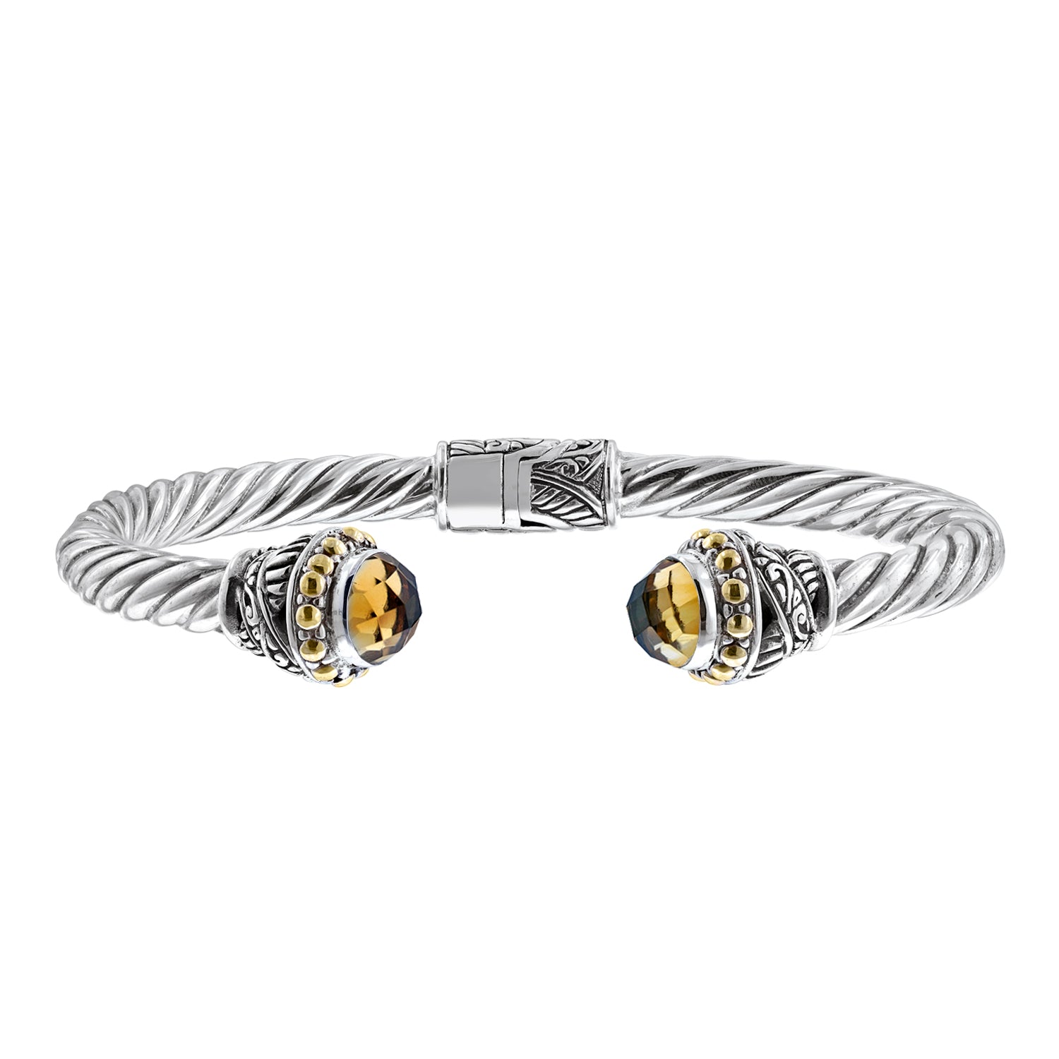 Sterling Silver Citrine Bali Cuff Cable Bracelet with 18K Gold Accents