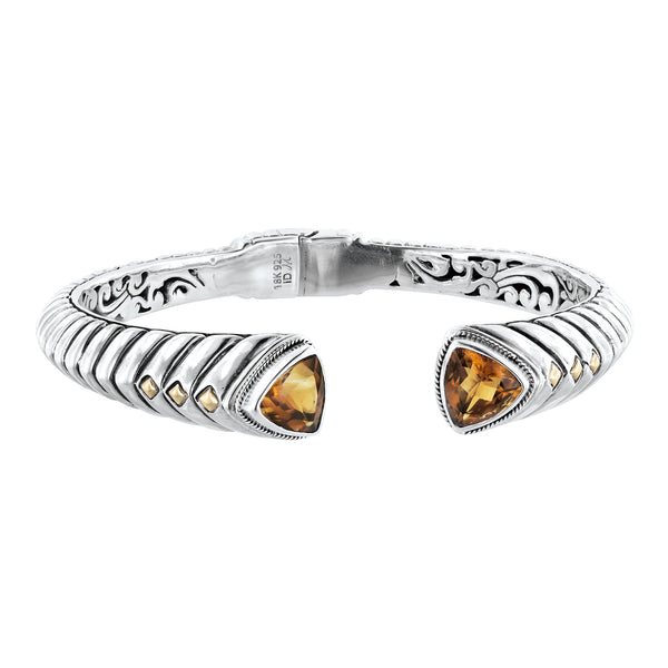 Bali Hinged Sterling Silver Trillion Madeira Citrine Ribbed Cuff Bracelet with 18K Gold Accents