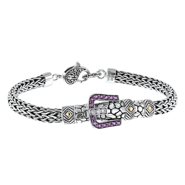 Bali Sterling Silver Gemstone and Diamond Buckle Rope Bracelet with Lobster Clasp and 18K Gold Accents