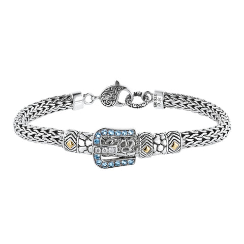 Bali Sterling Silver London Blue Topaz and White Zircon Buckle Rope Bracelet with Lobster Clasp and 18K Gold Accents