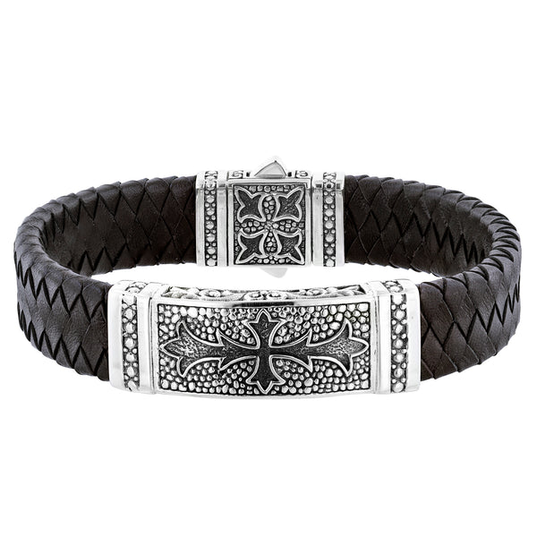 NEW Men's Sterling Silver Leather Tribal Cross Bracelet