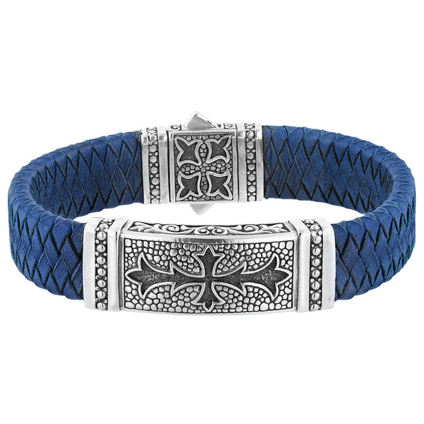 NEW Men's Sterling Silver Leather Tribal Cross Bracelet