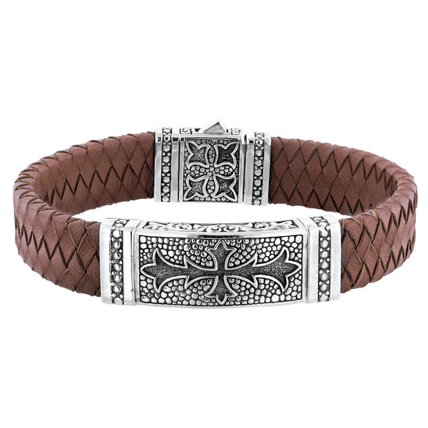 NEW Men's Sterling Silver Leather Tribal Cross Bracelet