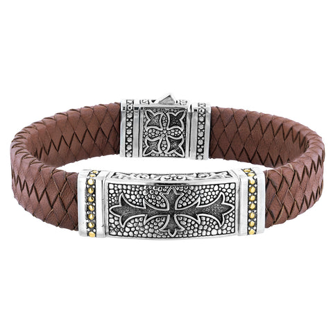 NEW Men's Sterling Silver/18K Leather Tribal Cross Bracelet