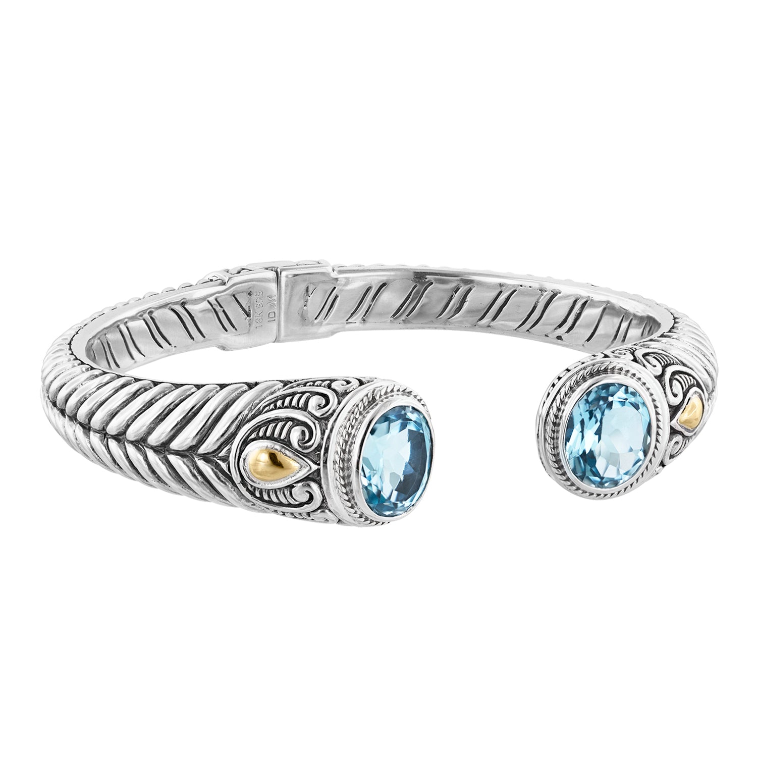 Sterling Silver Bali Herringbone Hinged Cuff Bracelet with Sky Blue Topaz and 18K Gold Accents