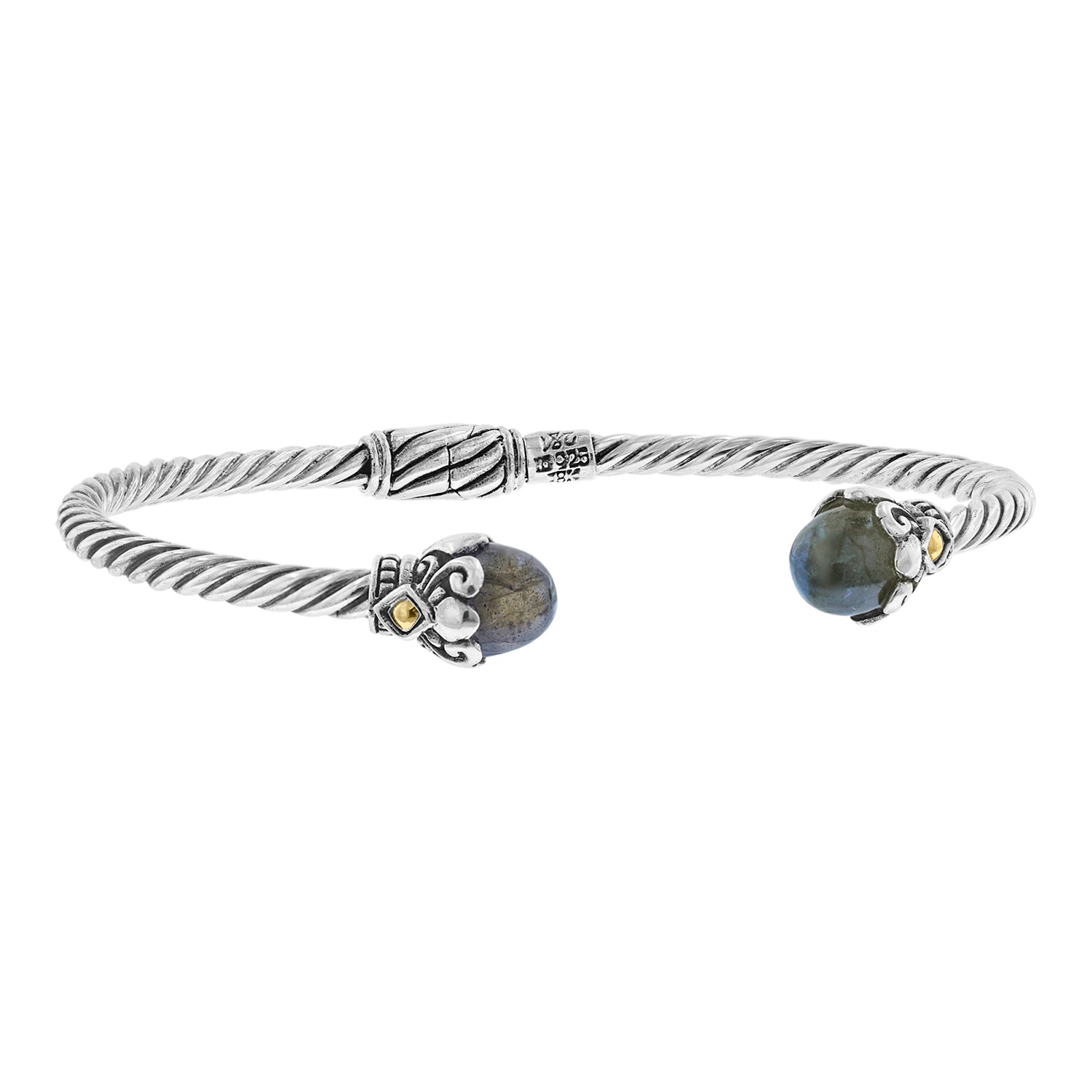 Sterling Silver Bali Hinged Cable Cuff with Domed Labradorite and 18K Gold Accents