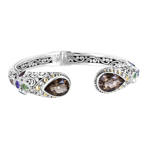 Sterling Silver Bali Smoky Quartz Hinged Cuff Bracelet with Multi Gem and 18K Gold Accents