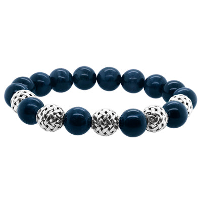 Men's Blue Tiger Eye Silver Bead Stretch Bracelet