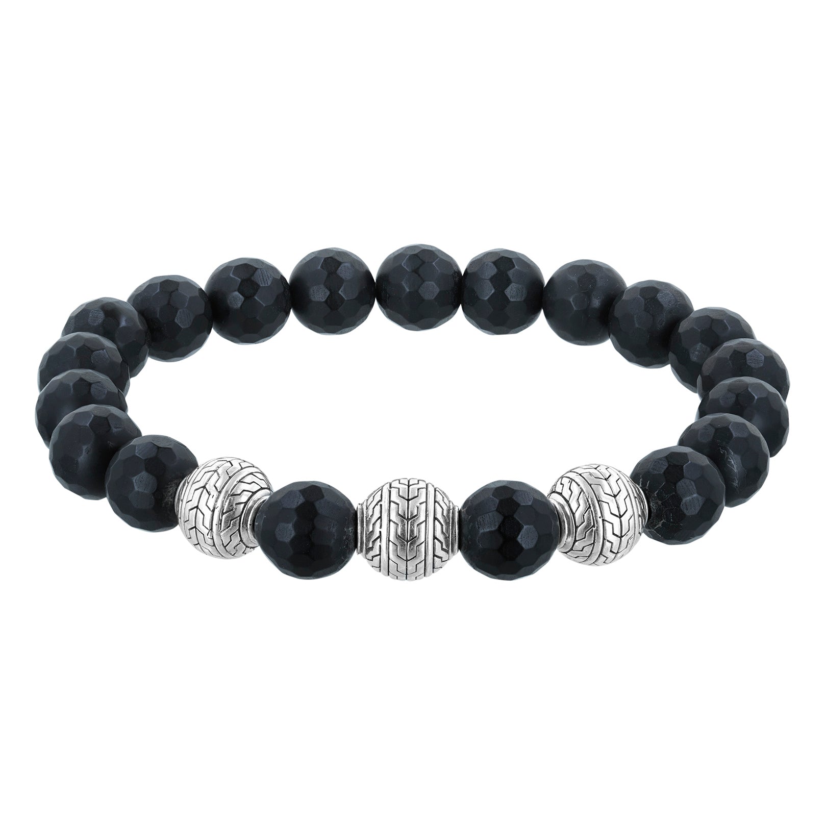 Bali Men's Faceted Frosted Black Onyx and Sterling Silver Beads Stretch Bracelet