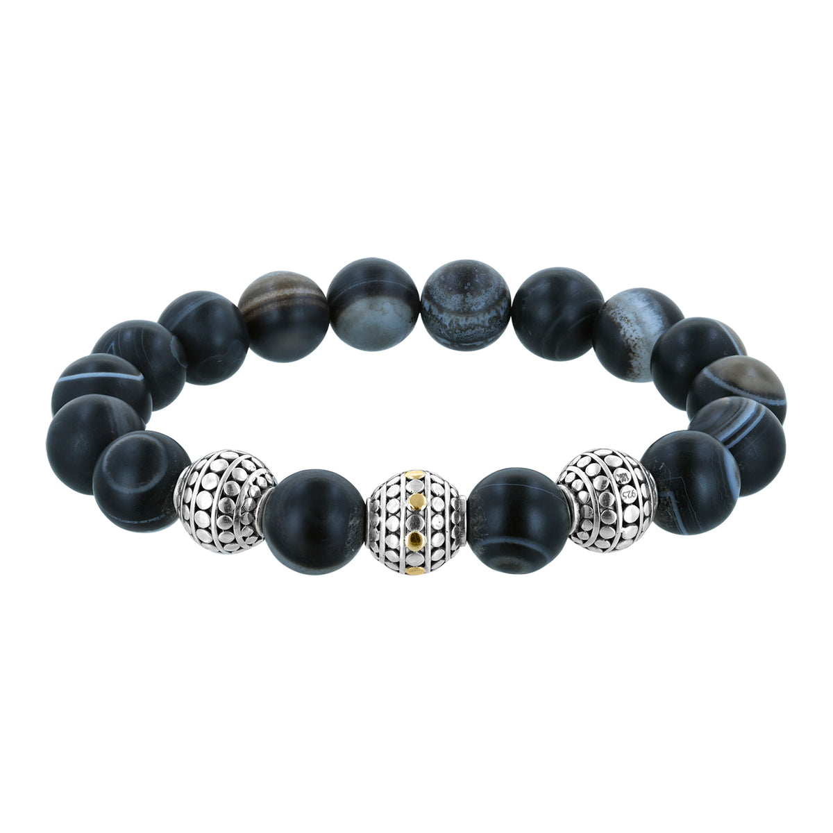Bali Black Line Agate and Sterling Silver Beaded Stretch Bracelet with ...