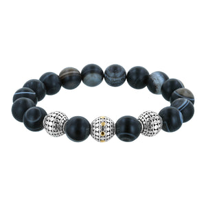 Stretch Black Line Agate Sterling Silver Beaded Bracelet with 18K Gold Accents