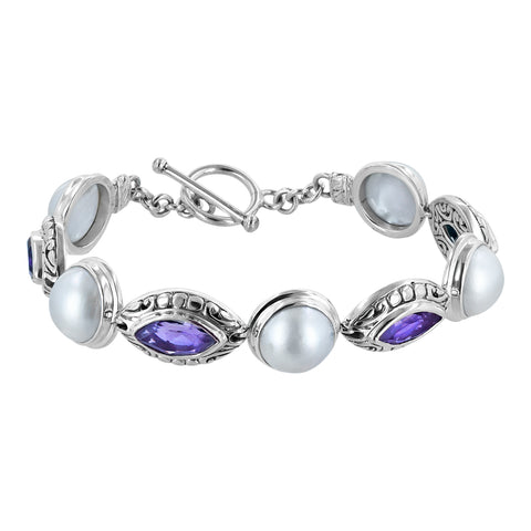 Marquis amethyst and round white mabe sterling silver toggle bracelet