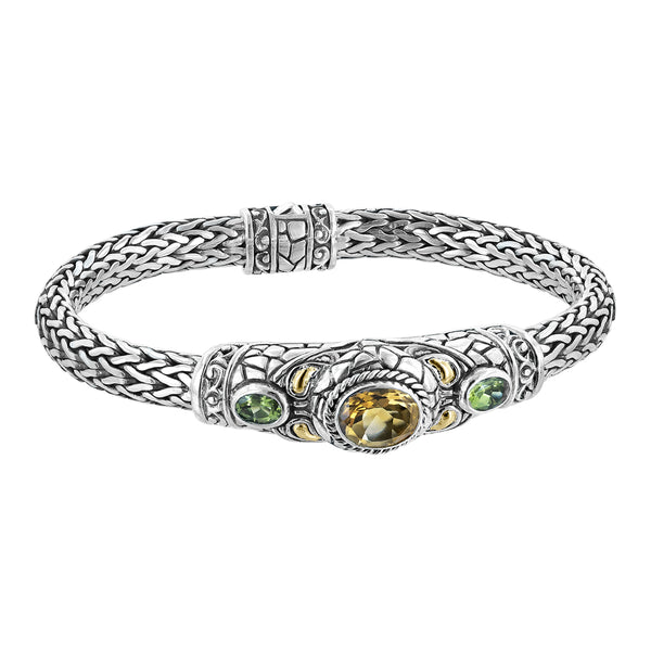 Woven silver bracelet with scroll work, citrine, peridot and 18K gold accents