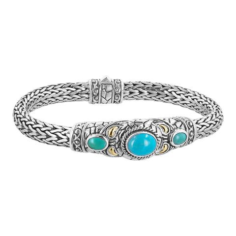 Woven silver bracelet with scroll work, turquois and 18K gold accents