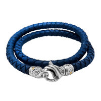 Bali Men's Woven Leather Double Wrap Bracelet with Sterling Silver Lobster Clasp and 18K Gold Accent