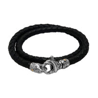 Bali Men's Woven Leather Double Wrap Bracelet with Sterling Silver Lobster Clasp and 18K Gold Accent