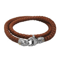 Bali Men's Woven Leather Double Wrap Bracelet with Sterling Silver Lobster Clasp and 18K Gold Accent