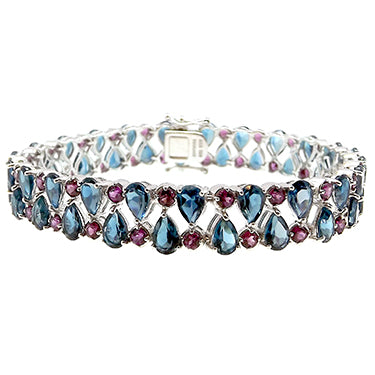 Blue and Red Gemstone Silver Bracelet